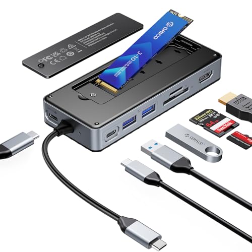 ORICO USB-C Hub with M.2 SSD Enclosure, 8-in-1 USB C Docking Station Fits M.2 NVMe/SATA SSD, 10Gbps, 4K@60Hz HDMI, 100W PD, SD/TF Card Reader