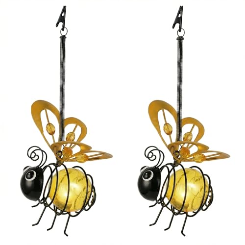 Solar Hanging Bee Light – Outdoor Metal Garden Decor with LED Glow, Yellow Body – Waterproof Solar Powered Insect Ornament for Yard, Tree, Porch, Patio – Gift for Women, Bee Lovers (Bee, 1)