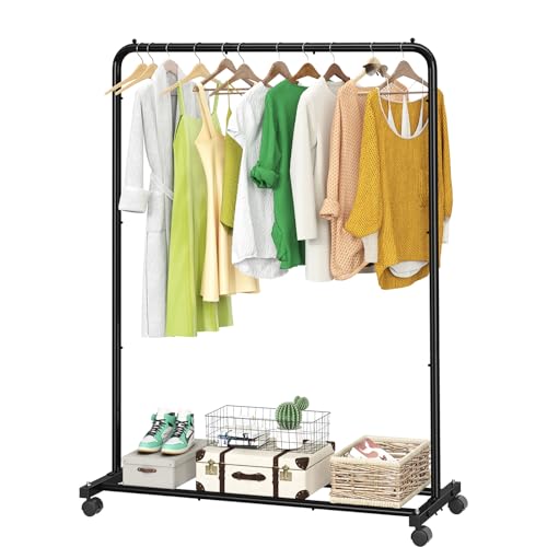Simple Trending Standard Clothes Clothing Garment Rack with Storage Shelves, Rolling Clothes Organizer on Wheels for Hanging Clothes, Black