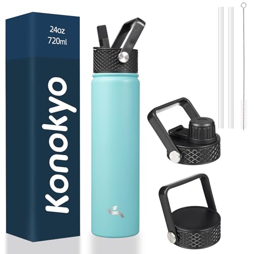 Konokyo Insulated Water Bottle 24oz Stainless Steel Sport Bottles with 3 Lids,Turquoise