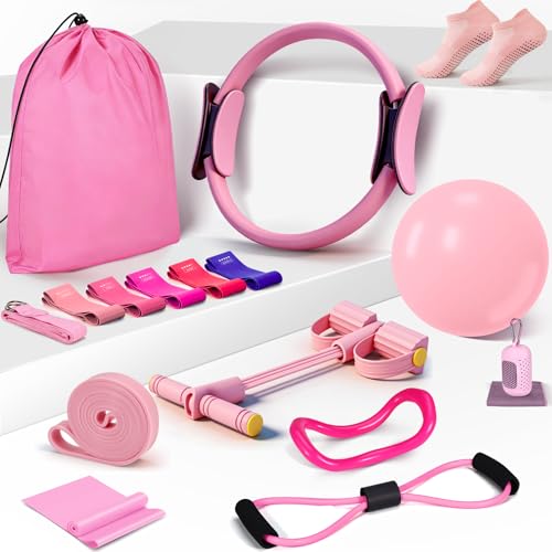 Pilates Essentials Kit for Women 15 Pcs Pilates Equipment for Home Workouts with Yoga Circle Ball Ring, 5 Resistance Bands,Pedal Puller Resistance Band,Anti Slip Socks for Starter Set (Pink)