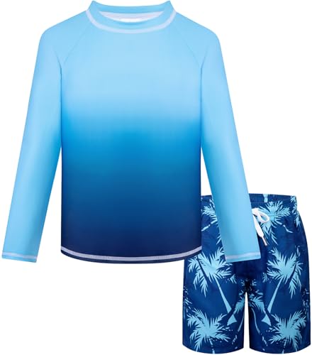 Belovance Boys Two Piece Rash Guard Swim Set Kids Long Sleeve Bathing Suit Swimwear Shirt with Trunks Swimming Suits Surfing Beach Clothes Quick Dry Size 6 7 Dark Blue