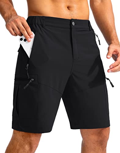 Pudolla Men's Hiking Cargo Shorts 9" Lightweight Outdoor Work Shorts for Men Travel Golf Camping Casual with 5 Zipper Pockets(Black Medium)