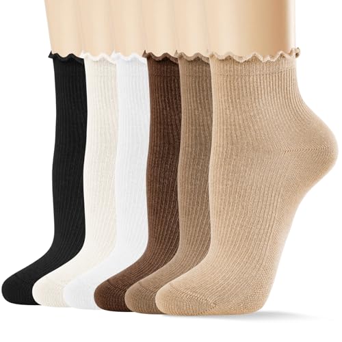 MORECOO Ruffle Socks Womens 6 Pairs，Cute Ankle Lettuce Edge Frilly Athletic Crew Socks for Women