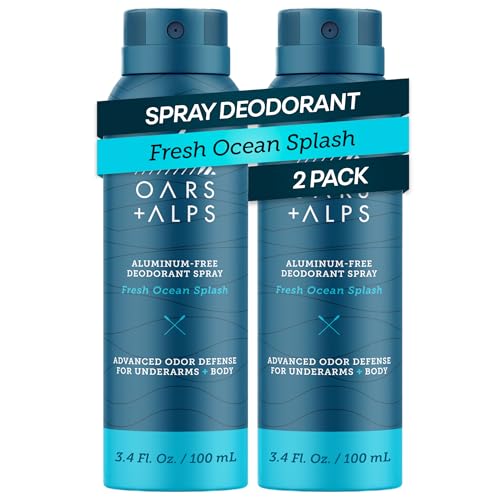 Oars + Alps Full Body Deodorant Spray for Men & Women, Aluminum Free Deodorant Spray, Dermatologist Tested, Extra Strength, Travel Size, Long Lasting, Odor Protection, Fresh Ocean Splash, 2pk