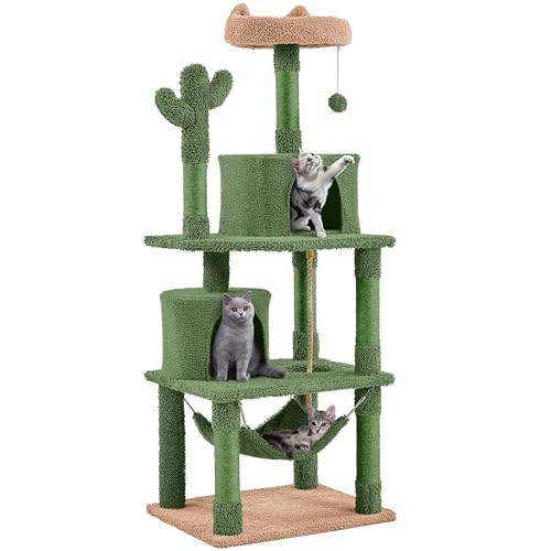 Yaheetech Cactus Cat Tree for Indoor Cats, 62in Cat Tower with Scratching Posts, Hammock & Dangling Ball, Multi-Level Condo Activity Center Furniture