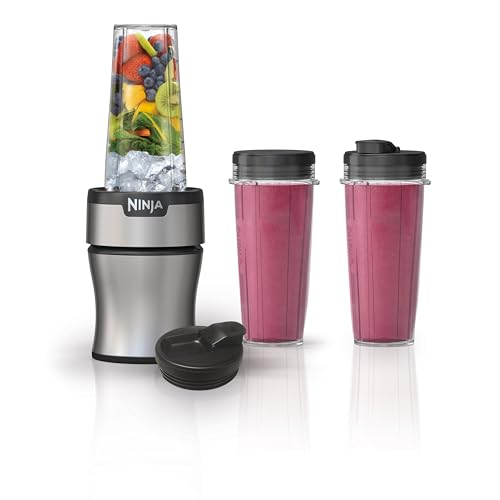 Ninja Nutri-Plus Personal Blender | Compact Push to Blend | Make Frozen Drinks, Smoothies, Sauces & More | With (3) 20 oz. To-Go Cups, (2) Spout-Lids & (1) Storage-Lid | 900 Peak Watt | Silver | BN301