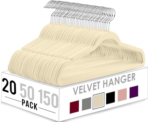 Utopia Home Velvet Hangers 20 Pack – Luxury Non-Slip Slim Pant & Coat Hangers, Strong Space-Saving Clothes Hangers with Pants Bar and 360° Swivel Hook – Ivory