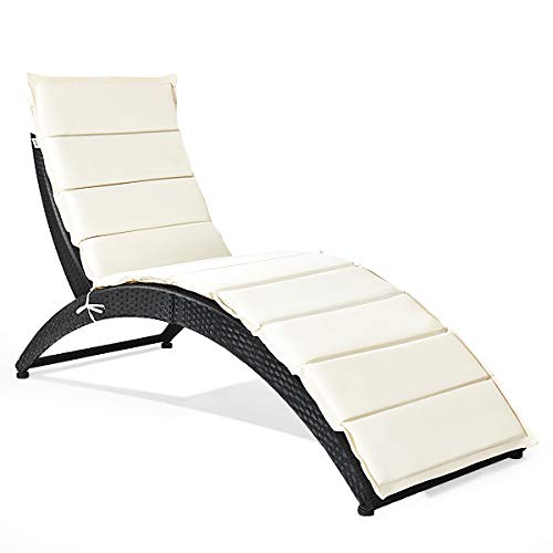 Tangkula Foldable Patio Lounge Chair, Outdoor Rattan Lounger Chaise, Portable Patio Chaise with Cushion, All-Weather Wicker Furniture for Garden Lawn Balcony Backyard Poolside (1, Beige)