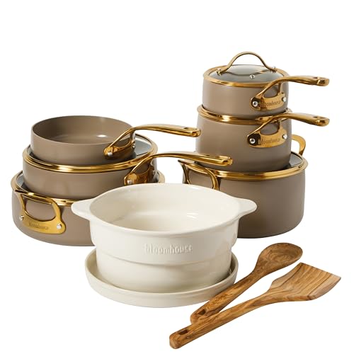 Bloomhouse 15-Piece Ceramic Nonstick Cookware Set, Two Time Oprah's Favorite Things, Heavy-Gauge Aluminum Pots and Pans Set, PFAS & PFOA & PTFE Free Ceramic Cookware, Oven Safe to 500°F, Cappuccino