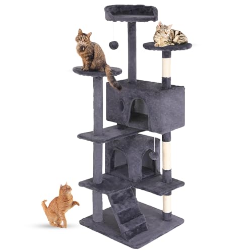 FDW | 54" Cat Tree Tower | Ashy | Multi-Level Indoor Activity Center with Sisal Scratching Posts, Condos, Plush Perches, Hanging Cat Toys | Sturdy, Easy to Assemble | for Kittens & Adult Cats