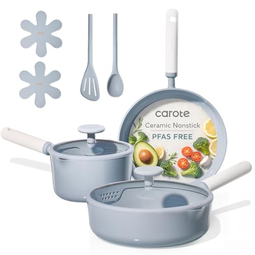 CAROTE Ceramic Cookware Set Nonstick, 9pcs Pots and Pans Set Non stick, Non-Toxic & PFAS-Free,Dishwasher, RV/Camping Cookware Set,Sauce Pan with Lid, Blue
