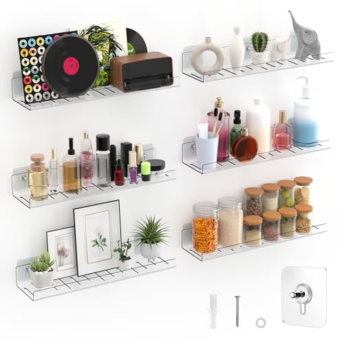 LAZYROSY 6 Pack Floating Shelves - Clear Acrylic/PET Wall Mounted Non-Drilling Storage Rack with Adhesive, Invisible Bathroom and Bedroom Shelves for Kitchen, Living Room, Clear Decoration
