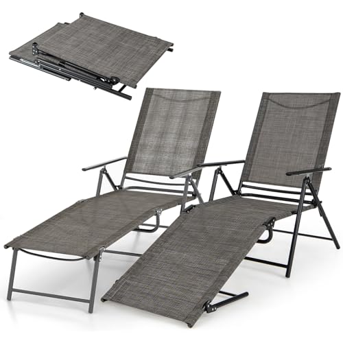 Giantex Lounge Chair Outdoor Set of 2 - Tanning Chair with 6 Adjustable Backrest, 2-Level Footrest, Folding Sunbathing Lounger for Patio, Poolside, Yard, Chaise Lounge Chair, Beach Chair (Brown)