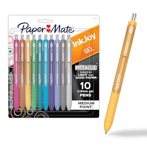 Paper Mate InkJoy Gel Pens, Metallic, Retractable, Medium Point (0.8mm), Glittery Assorted Colors, 10 Count - Perfect for Writing, Doodling, Bullet Journaling, Glitter, Sparkle, Writing Fun