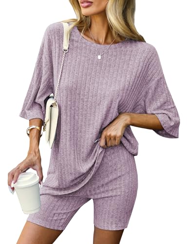 Ekouaer Pajamas 2 Piece Lounge Sets Ribbed Knit Matching Outfits T-shirt Biker Shorts Sleepwear Loungewear Sweatsuits Light Pink