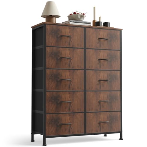 Sweetcrispy 10 Drawer Dresser, Tall Fabric Dresser for Bedroom, Storage Tower with Bins Chest Organizer Unit for Closet, Hallway, Steel Frame Wood Top, Easy Pull Handle, Rustic Brown