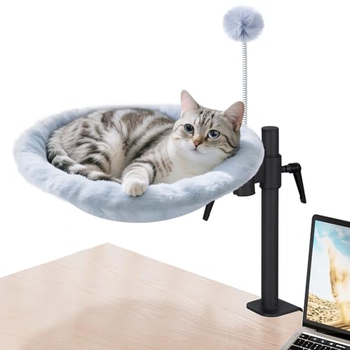 Odoland Cat Desk Bed, 360° Rotatable Adjustable Height Cat Hammock Bed for Home Office, Comfortable Soft Desk Kitten Nest with 2 Washable Fabrics for All Seasons