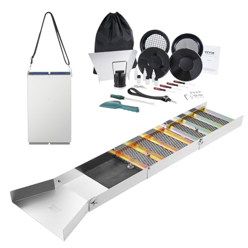 VEVOR Complete Sluice Box Gold Panning Kit, 50" Folding Aluminum Alloy Gold Mining Equipment, 23 PCS Gold Prospecting Kit with Gold Pan, Classifier Screen, Separating Magnet, Backpack and More