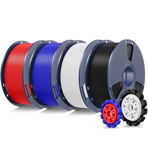 SUNLU PLA+2.0 3D Printer Filament Bundle, 4KG Upgrade PLA+ Filament 1.75mm, Tougher and Stronger, Dimensional Accuracy +/-0.02mm, 1KG per Spool, 4 Packs, 4KG Total, Black+White+Klein Blue+Red