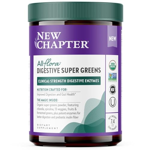 New Chapter All-Flora Digestive Super Greens Powder for Gut Health - Clinical-Strength Digestive Enzymes + USDA Organic Chlorella, Spirulina, Fermented Greens – Delicious & 100% Vegan, 30 Servings