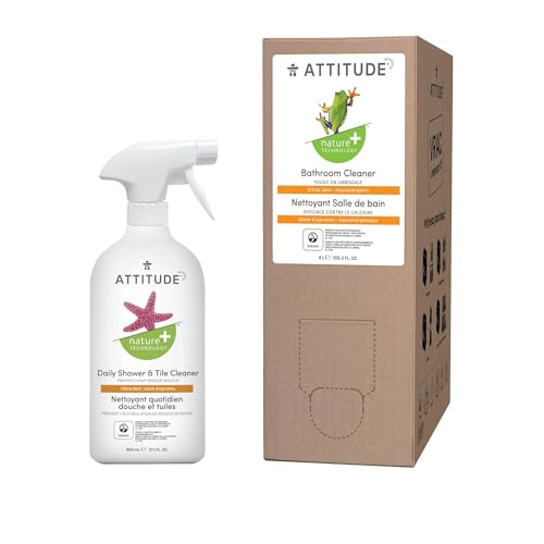 Bundle of ATTITUDE Nature +, Hypoallergenic Daily Shower & Tile Cleaner, Citrus Zest, 27.1 Fluid Ounce + Bulk Refill 135.26 Fl Oz