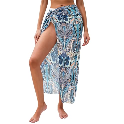HORISUN Women Semi-Sheer Mesh Woven Beach Sarong Long Bikini Wrap Pareo Casual Swimsuit Cover Up for Summer Blue Bohemia Print