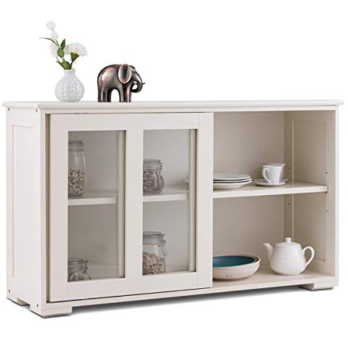 Costzon Sideboard Buffet Cabinet, Wooden Kitchen Storage Cabinet with Adjustable Shelf, Sliding Glass Doors, Accent Coffee Bar Cabinet Console Table for Living Room, Dining Room, Hallway (Cream White)
