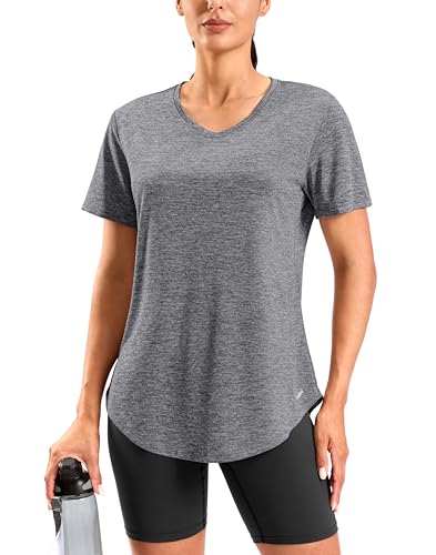 Viodia Womens Workout Tops Full Back Coverage Athletic Shirt UPF 50+ Quick Dry Short Sleeve T Shirts V Neck Gym Yoga Tunic Heather Dusty White XL