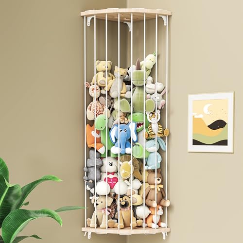 Zayysoha Corner Stuffed Animal Storage Zoo – Adjustable Natural Solid Wood Toy Organizer & Teddy Bear Holder – Large Wall Plushie Cage Shelf with Reinforced Star & Moon Cutouts for Nursery Kids Room