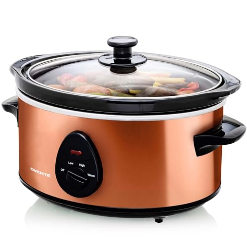 OVENTE Electric Slow Cooker with 3 Cooking Settings, Non-Stick and Dishwasher Safe Stoneware, Stainless Steel Body, Glass Lid, 3.7 Qt Oval Pot for Entrees, Soups, Sauces, Stews & Dips, Copper SLO35ACO