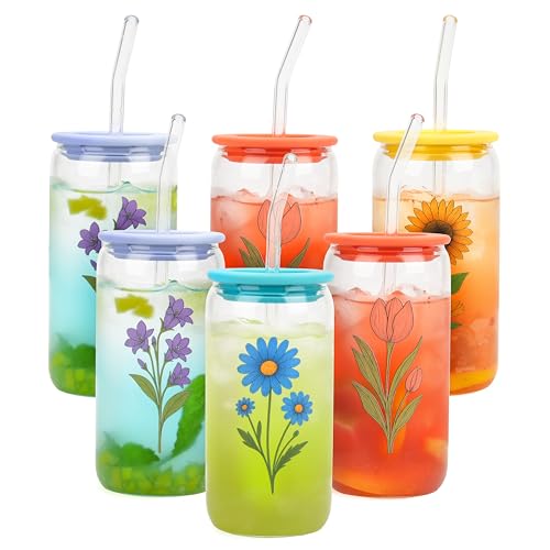 6 Pack Glass Cup with Silicone Lid and Straw 16OZ, Gifts for Women Drinking Glasses Set, Cute Iced Coffee Glasses Cups for Bar Accessories Aesthetic Glass Tumbler for Beer Tea Not Dishwasher Safe
