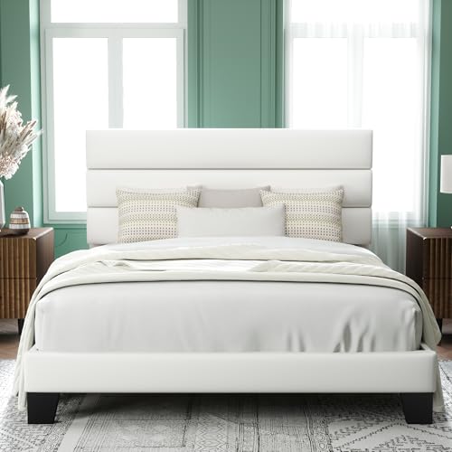 Allewie Full Size Platform Bed Frame with Velvet Upholstered Headboard and Wooden Slats Support, Fully Upholstered Mattress Foundation/No Box Spring Needed/Easy Assembly, White