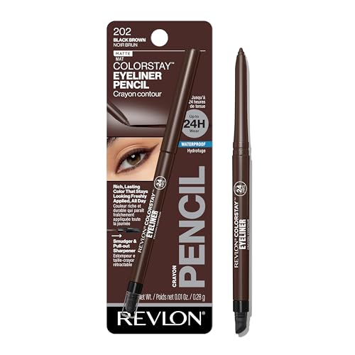 Revlon ColorStay Pencil Waterproof Eyeliner, Smudge-Proof, Eye Makeup with Built-In Sharpener, Long-Lasting, Matte Finish, 202 Black Brown, 0.01 oz