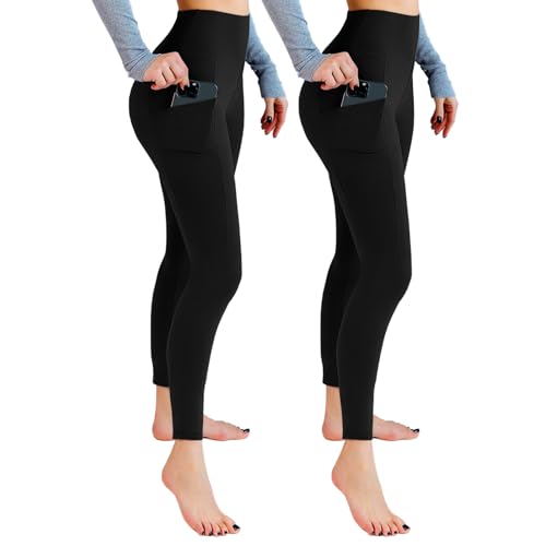 Leafigure 2 Pack Leggings with Pockets for Women, High Waisted Soft Leggings for Yoga Gym Black SM