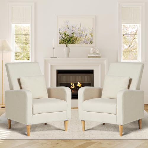COLAMY Upholstered Sherpa Accent Living Room Chairs Set of 2, Fabric Arm Chair Reading Side Chair, Single Sofa with Back Pillow and Wood Legs,Cream