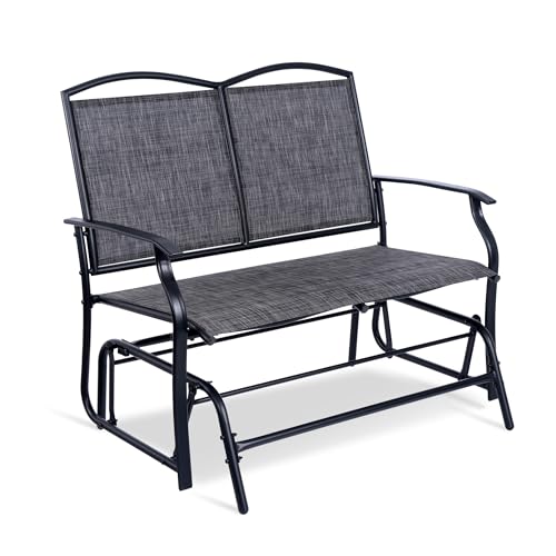 Backyard Expressions 2-Person Outdoor Glider Bench, Patio Double Swing Rocking Chair Loveseat w/Powder Coated Steel Frame for Backyard Garden Porch, Black Frame - Heathered Grey Sling Fabric