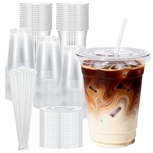 SHUASHUAM Plastic Cups with Lids and Straws：100 Pack 16 oz Clear Disposable iced coffee cups with lids,BPA-Free Break Resistant & Heavy Duty for Smoothies, Juice, Soda & Party To Go