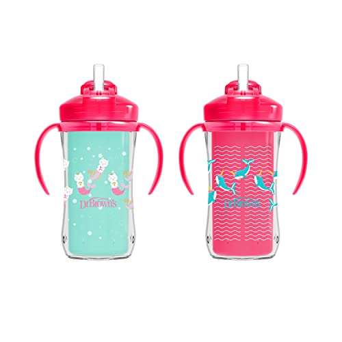 Dr. Brown's Milestones Insulated Sippy Cup with Straw and Handles, Spill-Proof Tumbler with Lid, 2-Pack, Pink, 10 oz/300 mL, BPA Free, 12m+