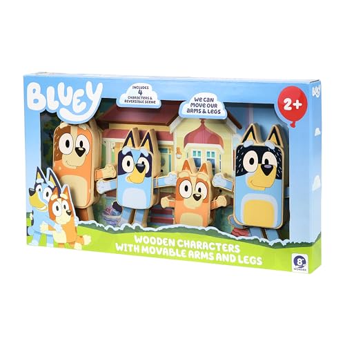 Bluey Characters Wooden Figures Set of 4, Colorful Articulate Toddler Wooden Toys with Bingo, Chilli, and Bandit, Block Set for Kids Ages 3+