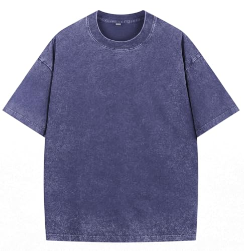 NITAGUT Men's Oversized Cotton T-Shirts Vintage Unisex Short Sleeves Loose Streetwear Casual Wash Solid Basic Tops Tee, Blue, Large