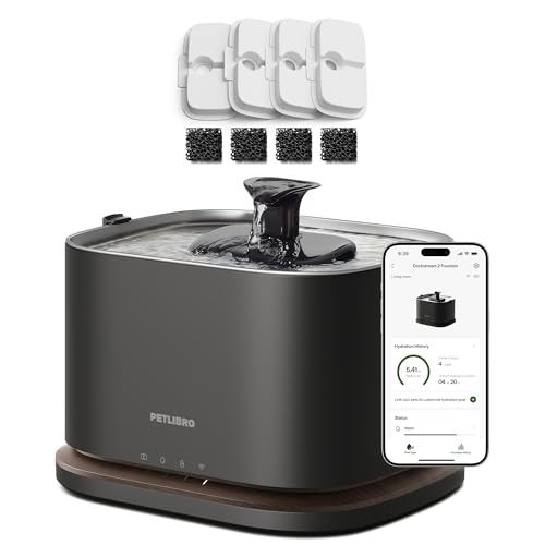 Bundle of PETLIBRO Upgrade Cat Water Fountain with 4 Packs Replacement Filters, App Monitoring 3L/101oz Dockstream 2 Pet Water Fountain with Stainless Steel Tray