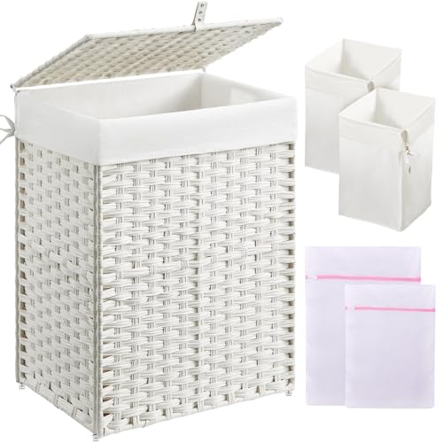 Greenstell Laundry Hamper with Lid, 90L Clothes Hamper with 2 Removable Liner Bags & 2 Mesh Laundry Bags, Handwoven Synthetic Rattan Laundry Basket for Clothes, Toys in Bathroom, Bedroom White