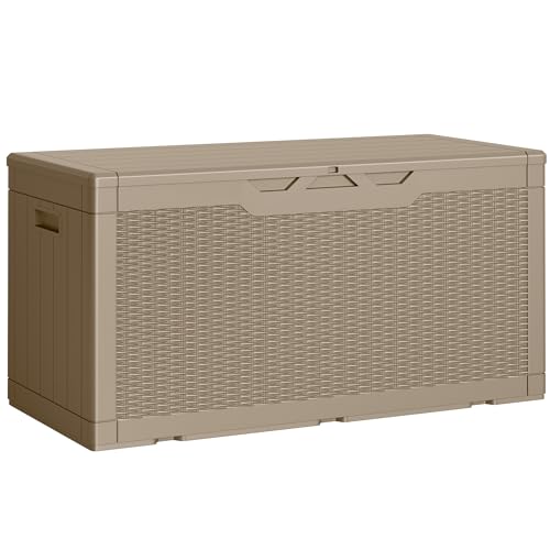 Greesum Outdoor Storage Box 100 Gallon Storage Bin with Lid for Patio Furniture, Garden Tools, Pool Supplies, Lockable, Waterproof and UV Resistant, Light Coffee