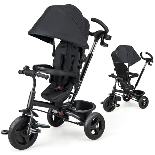 HONEY JOY Tricycle, 6 in 1 Kids Trike Stroller w/Adjustable Push Handle & Canopy, Reversible Seat, Safety Belt, Folding Pedal, Cup Holder, Storage, Push Tricycle for Toddlers 9 Months-5 Years (Black)