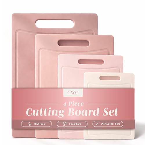 COOK WITH COLOR Non-Slip Cutting Board Set – Kitchen Essentials with Easy Grip Handle for Meat, Veggies, and Fruits, 4 Cutting Boards, Pink