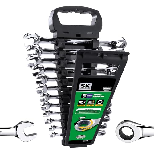 SK Ratcheting Wrench Set, Combination Wrench Set, 12-Piece, Metric 8 to 19mm, 72-Tooth, Premium CR-V Construction, with Rack Organizer
