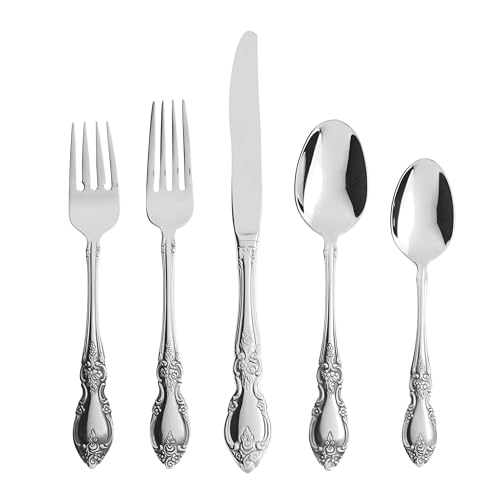 Oneida Silverware Set For 8 with Serving Utensils, Louisiana 45-Piece Fine Flatware Set, Service For 8, 18/8 Stainless Steel, Mirror, Knives Spoons Forks Serving Spoons,Dishwasher Safe(Silver 45 Piece
