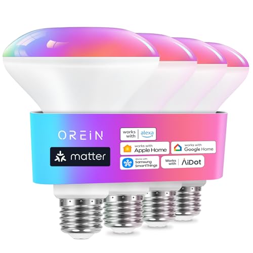 OREiN Matter BR30 Smart Light Bulbs Compatible with Alexa, Apple Home, Google Home, SmartThings, 60W Smart Bulbs 2.4Ghz WiFi only, 650 Lumens RGBTW Color Changing Led Light Bulbs, 4 Pack