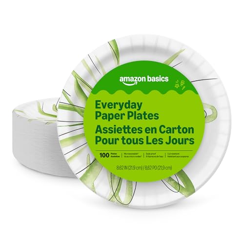 Amazon Basics Everyday Disposable Paper Plates, 8.62 Inch, Microwave-Safe, Cut Resistant, Soak-Proof, 100 Count, Packaging May Vary